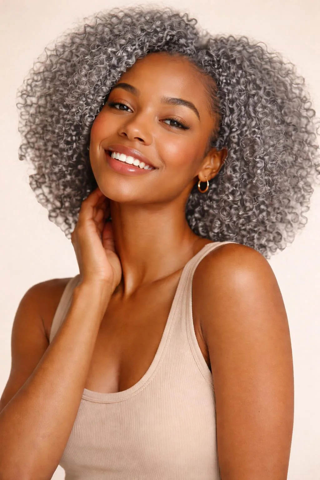 After: the same person with silver curly hair