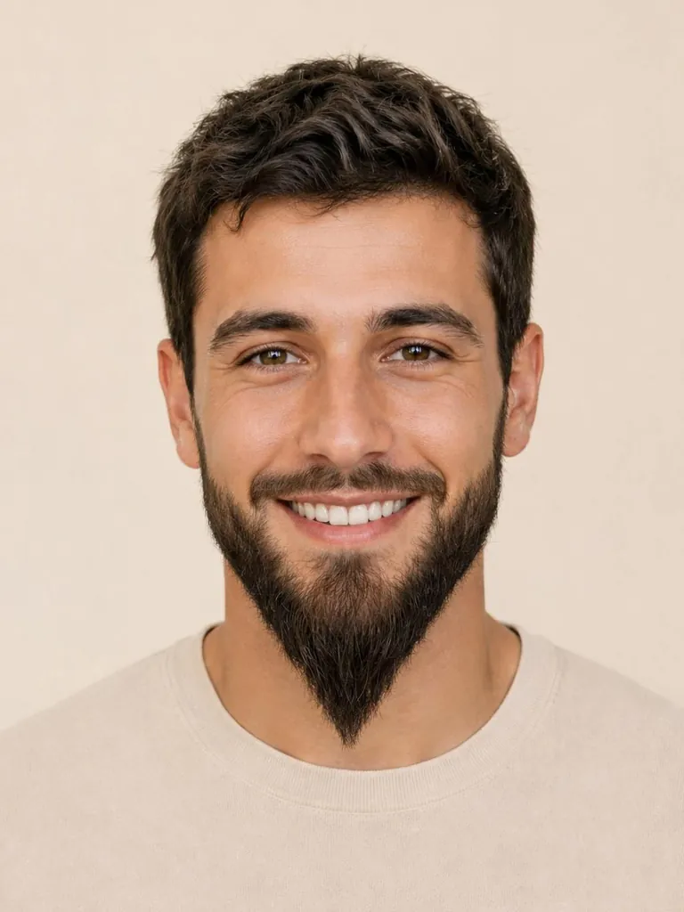 Man with a pointed ducktail beard, close-up