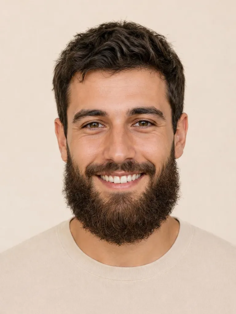 Man with a wide, full Garibaldi beard, close-up