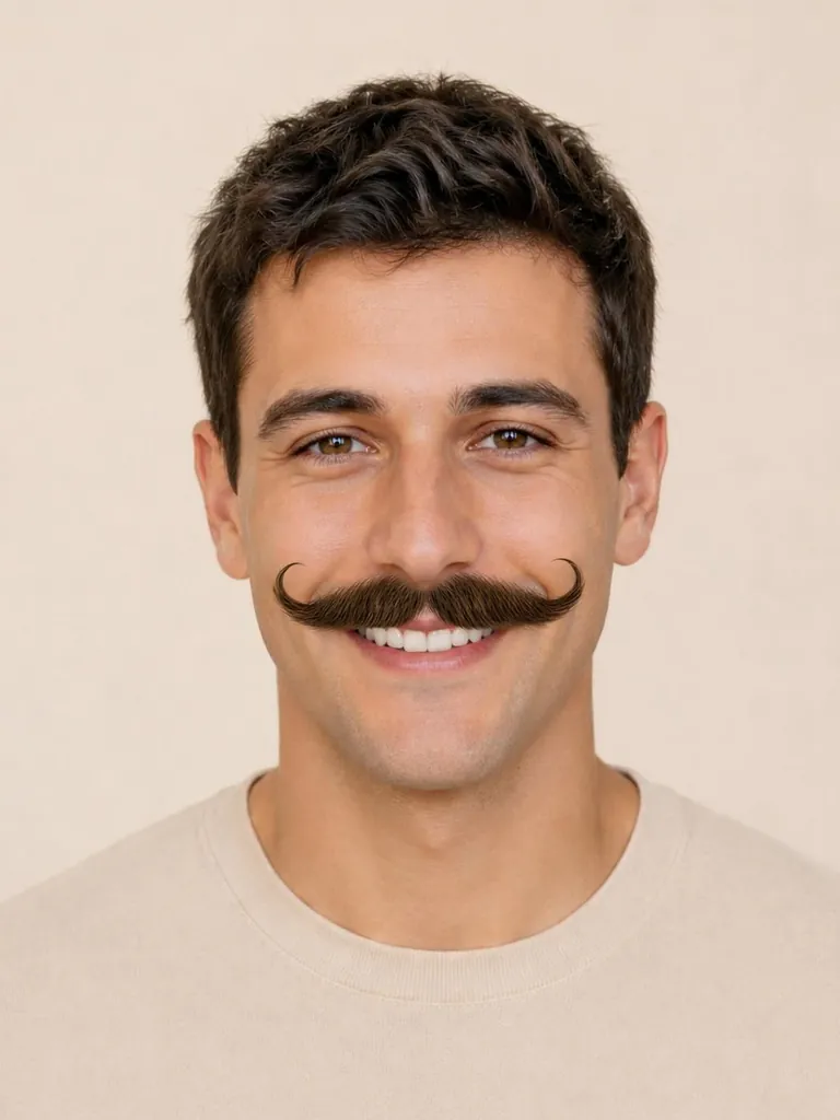 Man with a curled handlebar mustache, close-up