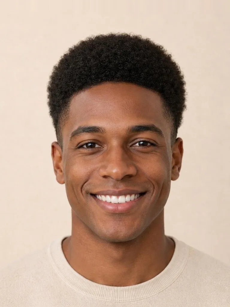 Short round afro hairstyle, front view