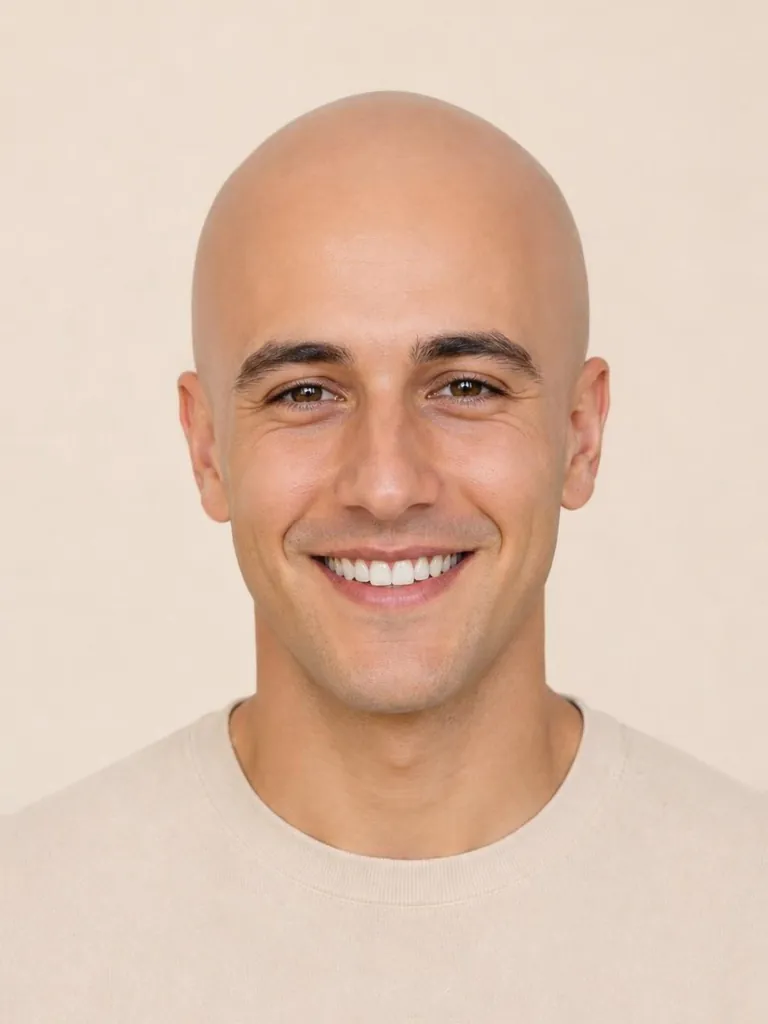 Fully shaved bald head, front view