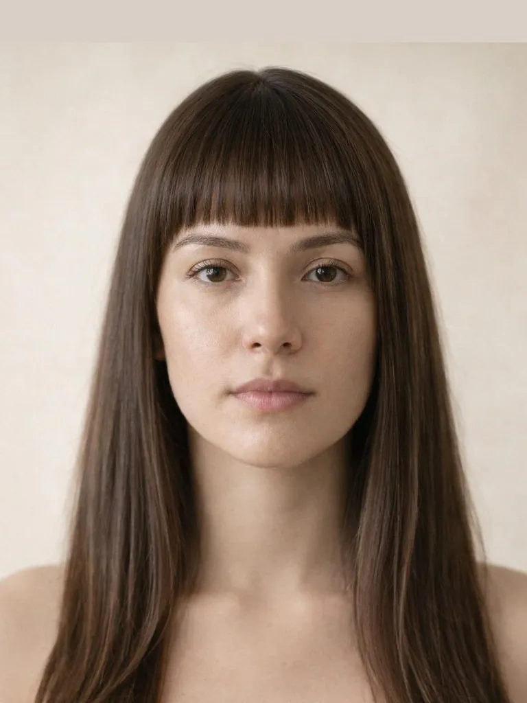 Long hair with blunt bangs above the brows, front view