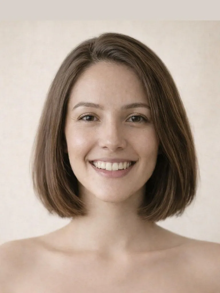 Chin-length blunt bob hairstyle, front view