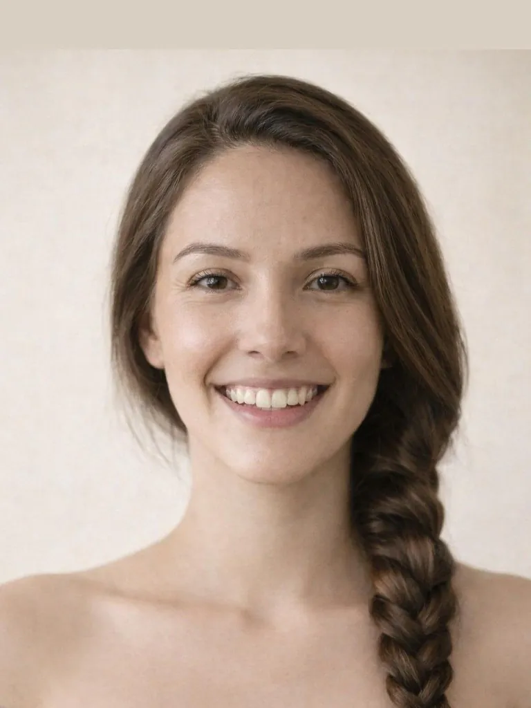 Single thick braid over the shoulder, front view