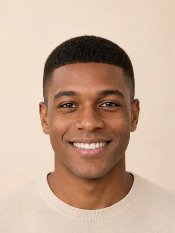 Short, even Caesar cut with a straight fringe, front view
