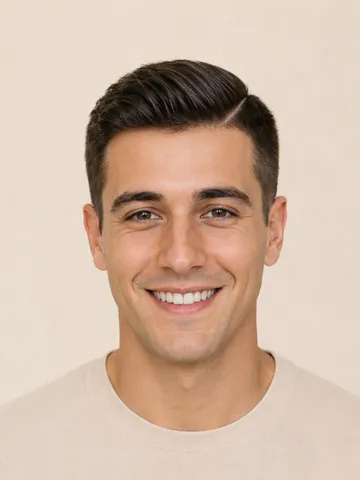 Comb over fade with a shaved part line and skin fade, front view