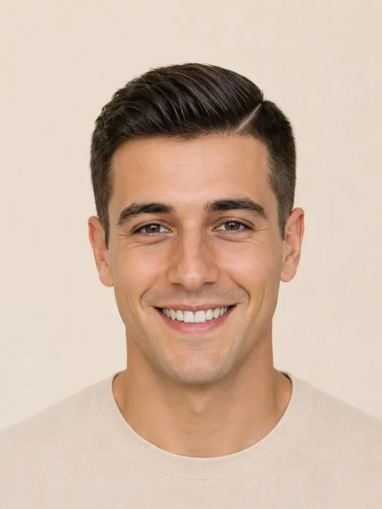 Comb over fade with a shaved part line and skin fade, front view