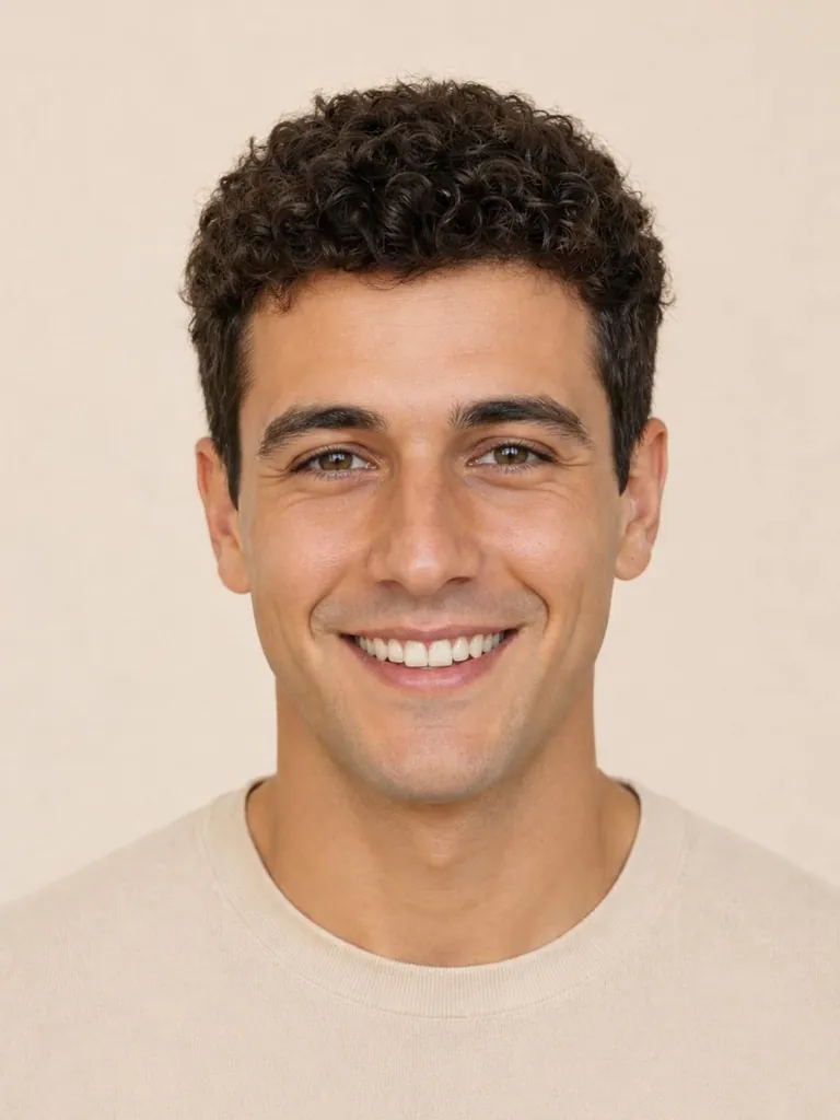 Short curly hairstyle, front view