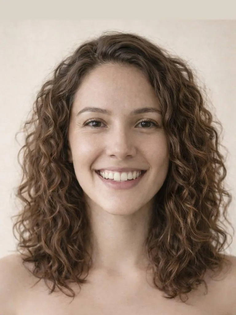 Medium-length curly hairstyle, front view