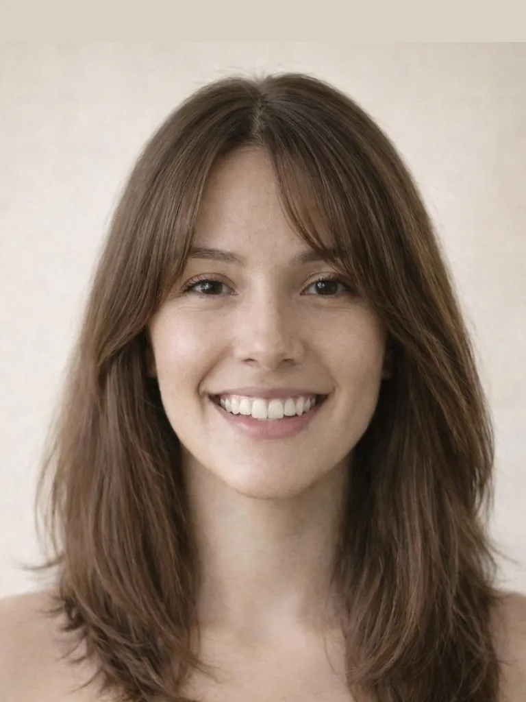 Long hair with curtain bangs, front view