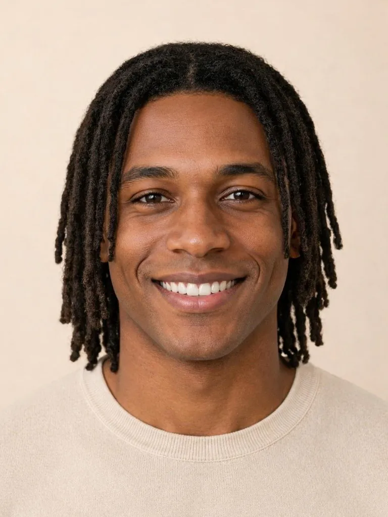Shoulder-length dreadlocks, front view