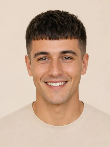 Edgar cut with a straight front line and high fade, front view