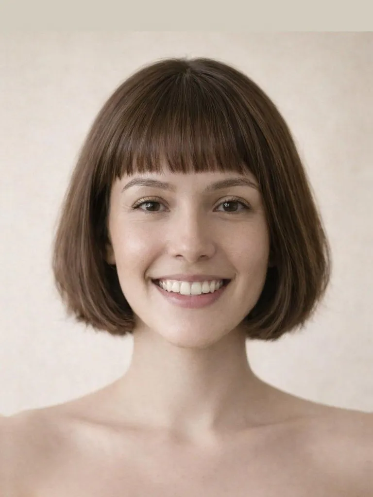 Short French bob with blunt bangs, front view