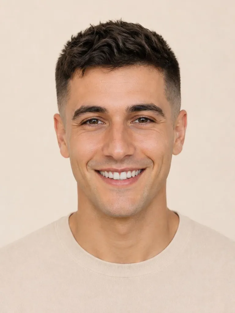 High fade with skin-short sides up to the temples, front view
