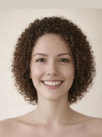 Medium-length permed hair with tight curls, front view