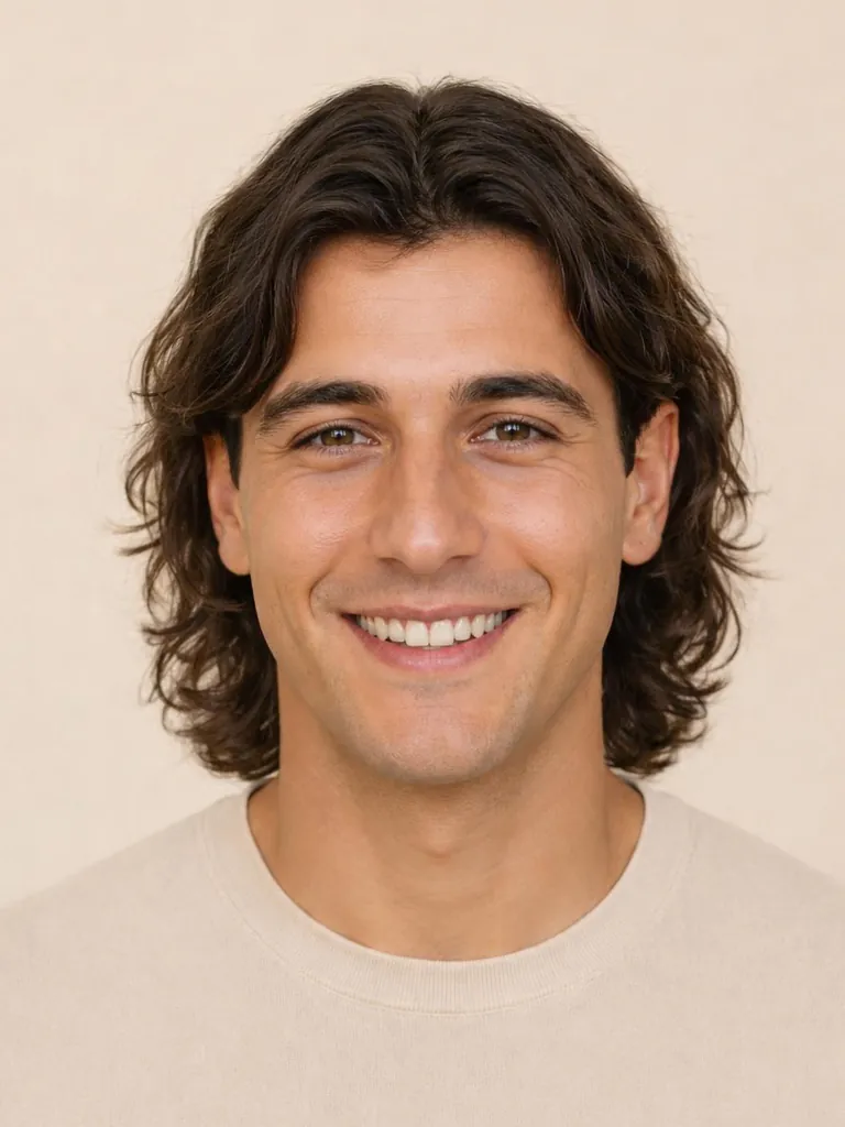 Men’s shoulder-length hairstyle, front view