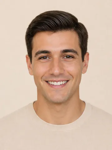 Classic side part haircut with tapered sides, front view