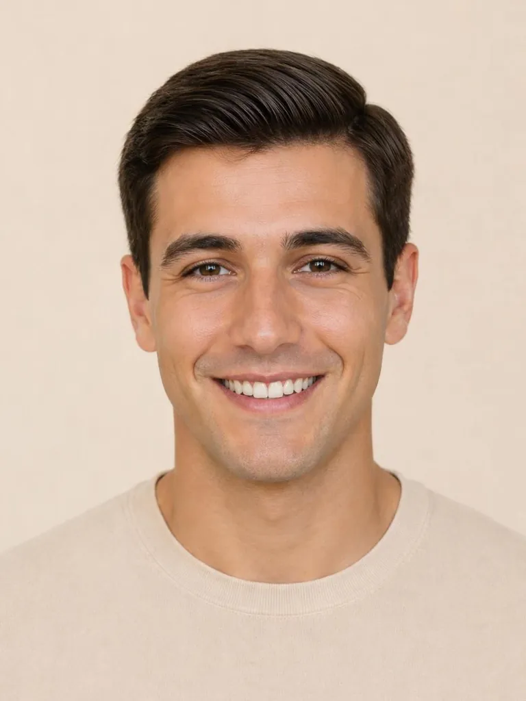 Classic side part haircut with tapered sides, front view