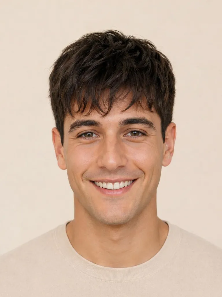 Two block haircut with a forward-falling fringe, front view