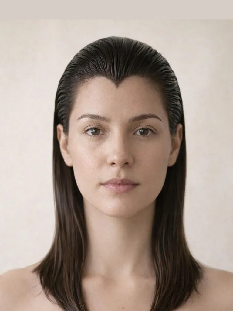 Dramatic slicked back vampire haircut, front view